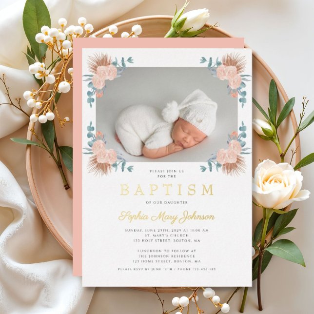 Elegant Pink Floral Girl Photo Baptism Gold Foil Invitation (Elegant Pink Floral Girl Photo Baptism Gold Foil Invitation)
