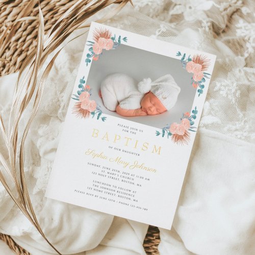 Elegant Pink Floral Girl Photo Baptism Gold Foil Invitation