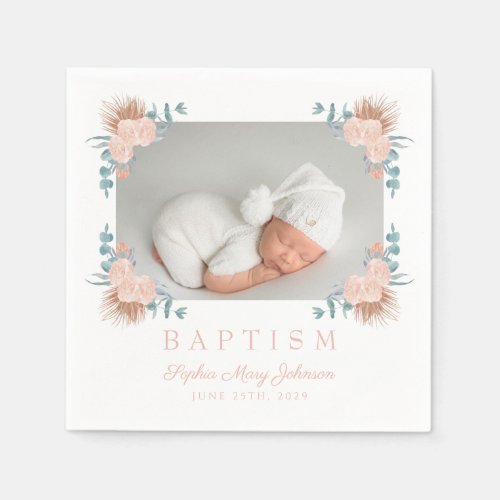 Elegant Pink Floral Girl Photo Baptism Napkins