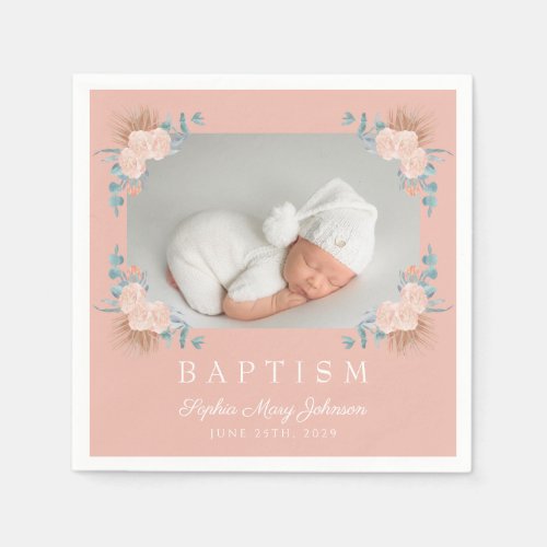 Elegant Pink Floral Girl Photo Baptism Napkins