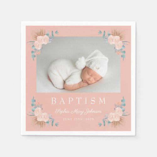 Elegant Pink Floral Girl Photo Baptism Napkins