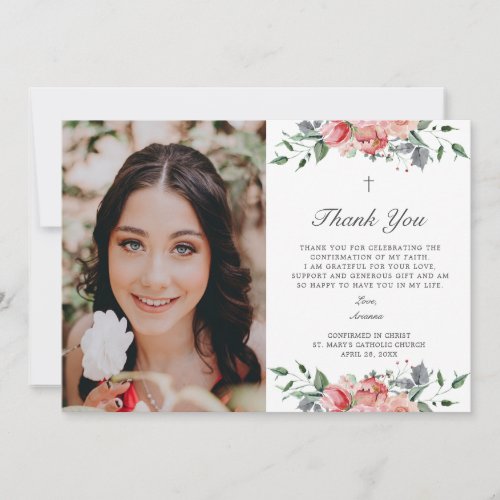 Elegant Pink Floral Girls Confirmation with Photo Thank You Card