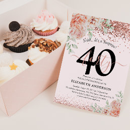Elegant Pink Floral &amp; Glitter 40th Birthday Party  Invitation