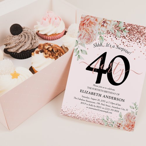 Elegant Pink Floral  Glitter 40th Birthday Party  Invitation