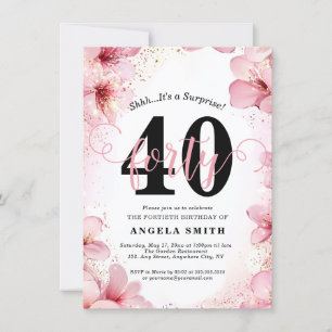 Elegant Pink Floral & Glitter 40th Birthday Party Invitation