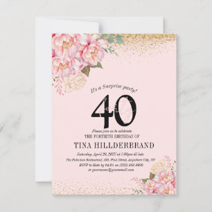 Elegant Pink Floral & Glitter 40th Birthday Party Invitation