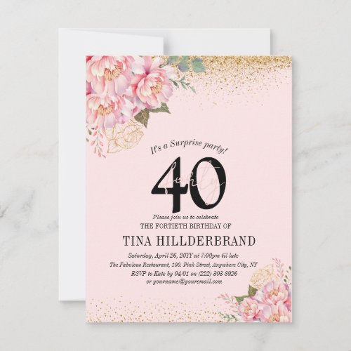 Elegant Pink Floral   Glitter 40th Birthday Party Invitation