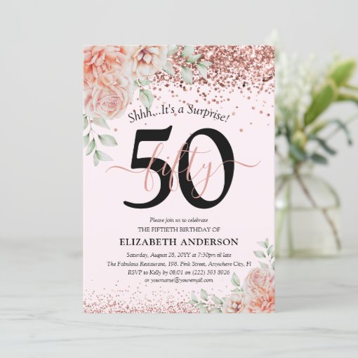 Elegant Pink Floral & Glitter 50th Birthday Party Invitation | Zazzle