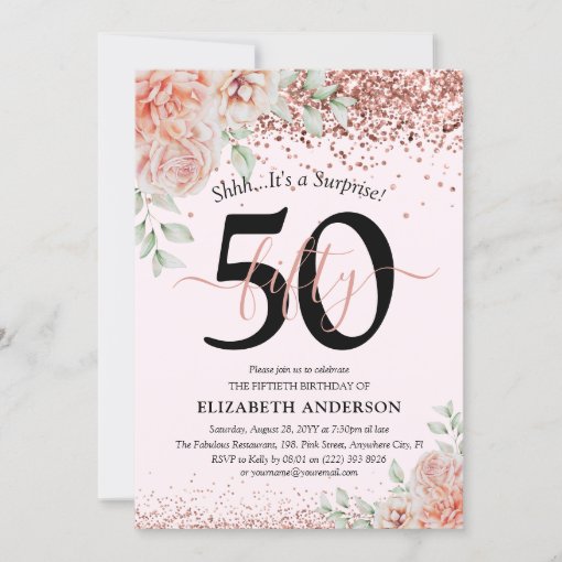 Elegant Pink Floral & Glitter 50th Birthday Party Invitation | Zazzle