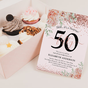Elegant Pink Floral & Glitter 50th Birthday Party Invitation