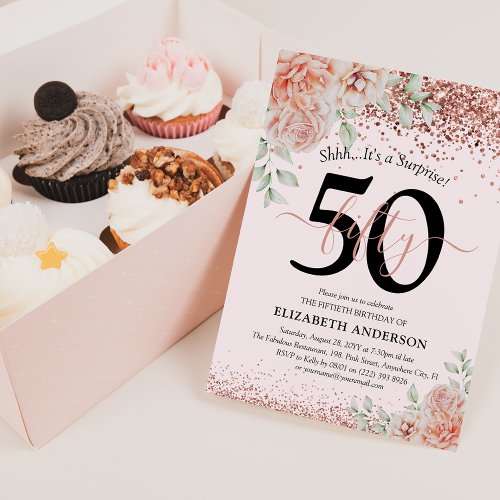 Elegant Pink Floral  Glitter 50th Birthday Party Invitation