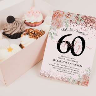 Elegant Pink Floral & Glitter 60th Birthday Party Invitation