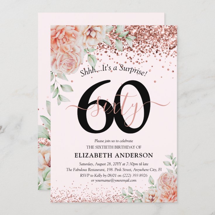 Elegant Pink Floral & Glitter 60th Birthday Party Invitation | Zazzle