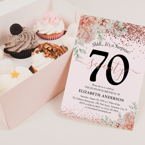 Elegant Pink Floral & Glitter 70th Birthday Party