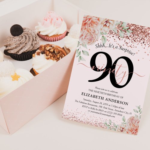 Elegant Pink Floral & Glitter 90th Birthday Party