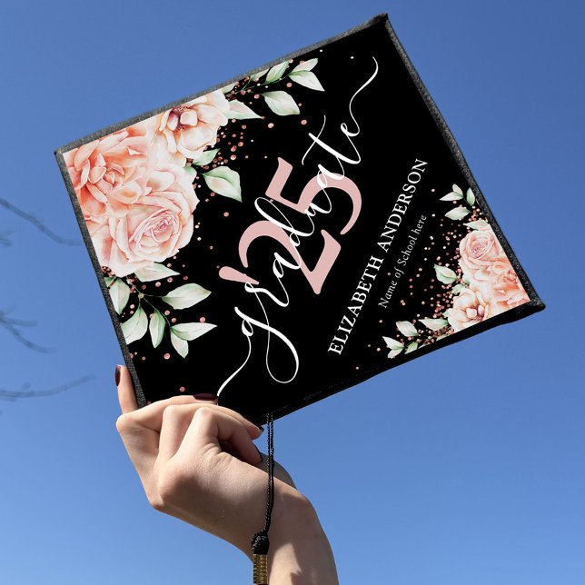 Elegant Pink Floral & Glitter Graduate 2025 Graduation Cap Topper (Creator Uploaded)