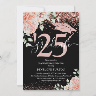 Elegant Pink Floral & Glitter Graduation Party Invitation