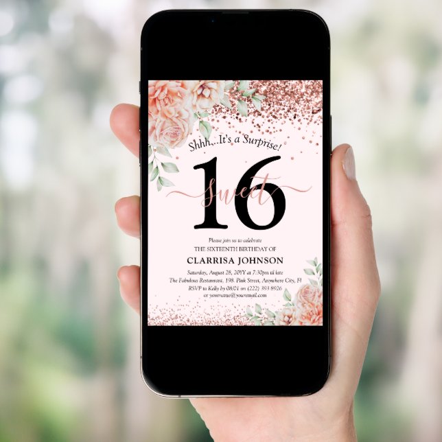 Elegant Pink Floral & Glitter Sweet 16th Birthday Invitation (Front Digital)