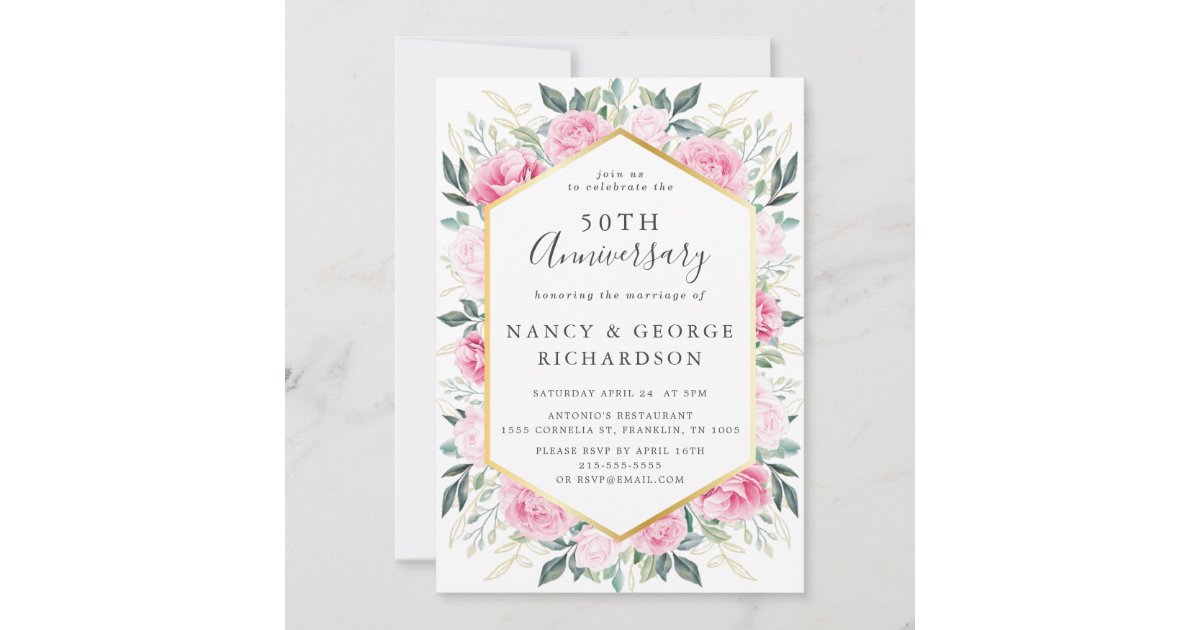 Elegant Pink Floral Gold 50th Wedding Anniversary Invitation | Zazzle