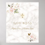 Elegant Pink Floral Gold Baptism God Bless Sign