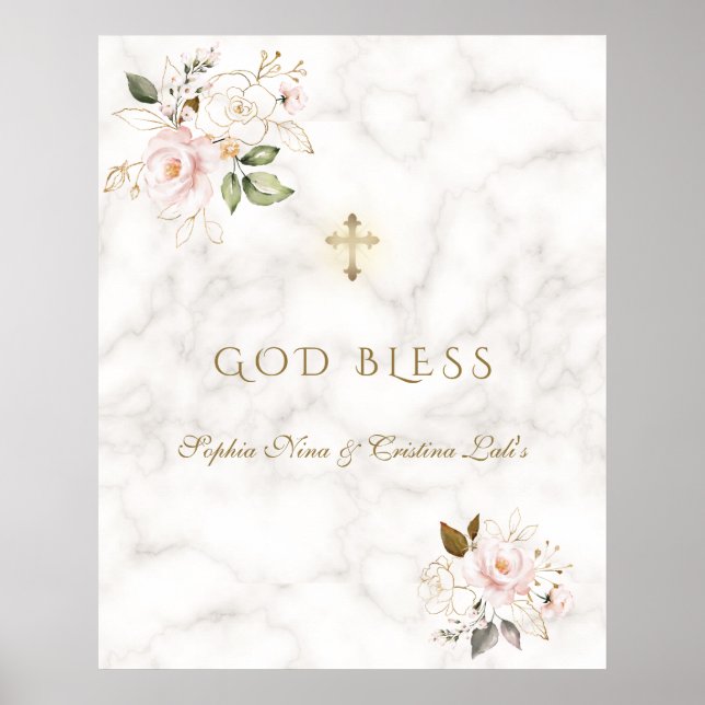 Elegant Pink Floral Gold Baptism God Bless Sign (Front)
