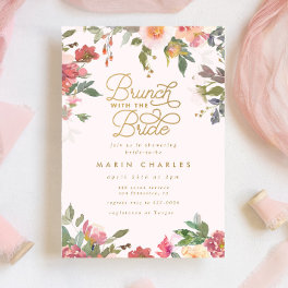 Elegant Pink Floral Gold Bridal Shower Brunch Invitation