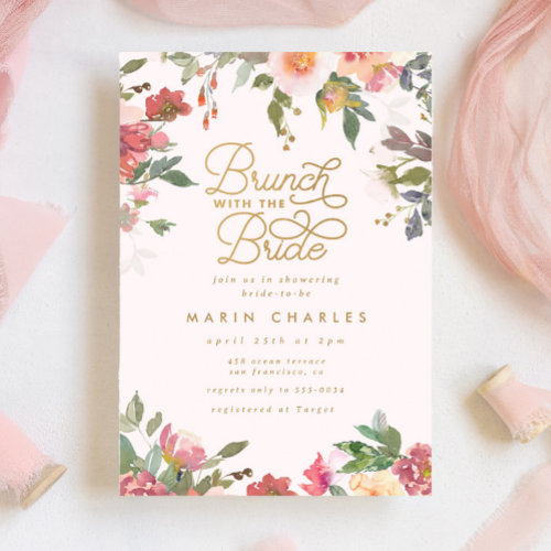 Elegant Pink Floral Gold Bridal Shower Brunch Invitation