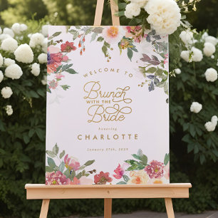 Elegant Pink Floral Gold Bridal Shower Brunch Sign