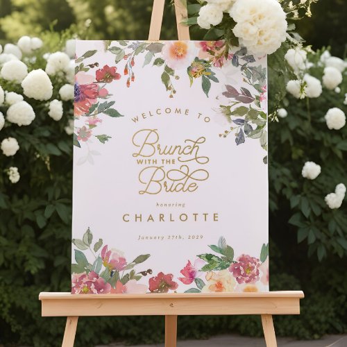 Elegant Pink Floral Gold Bridal Shower Brunch Sign