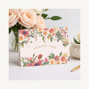 Elegant Pink Floral Gold Bridal Shower Letterpress Thank You Card