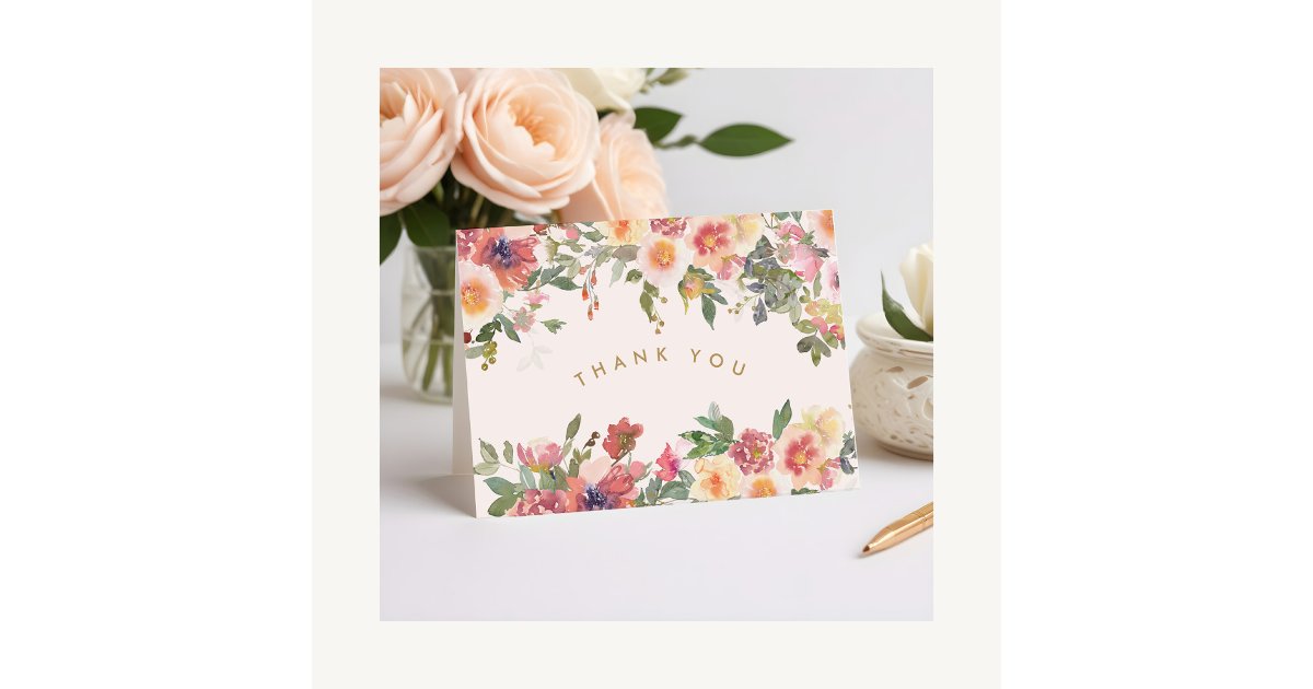 Elegant Pink Floral Gold Bridal Shower Thank You Card | Zazzle