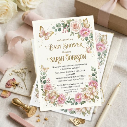 Elegant Pink Floral &amp; Gold Butterfly  Baby Shower  Invitation