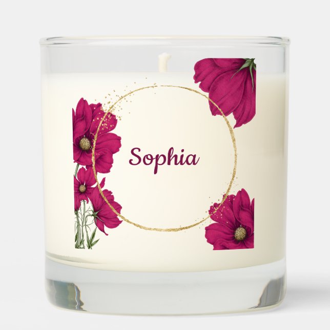 Elegant Pink Floral Gold Circle Candle (Front)