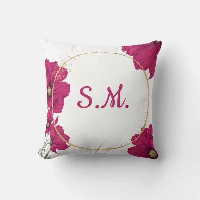 Elegant Pink Floral Gold Circle Throw Pillow (Front)