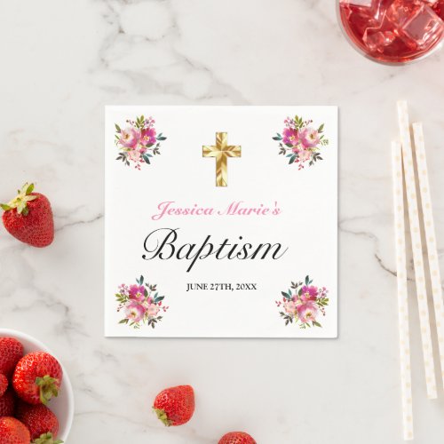 Elegant PInk Floral Gold Cross Baptism Napkins