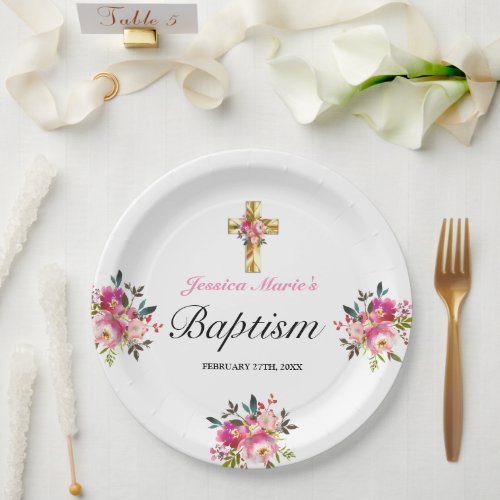 Elegant PInk Floral Gold Cross Baptism Paper Plates