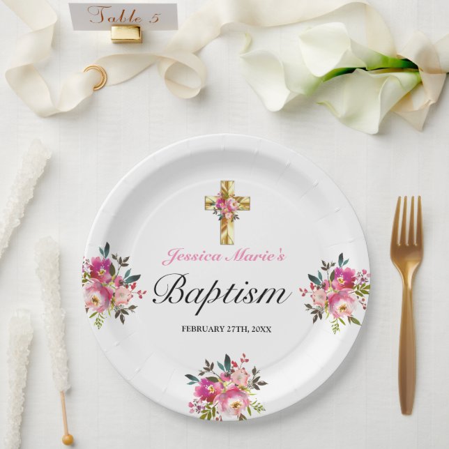 Elegant PInk Floral Gold Cross Baptism Paper Plates (Wedding)