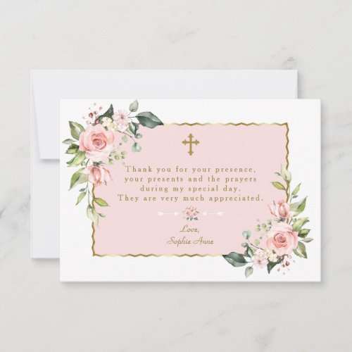 Elegant Pink Floral Gold Cross Boy Confirmation Thank You Card