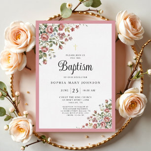 Elegant Pink Floral Gold Cross Girl Baptism Foil Invitation
