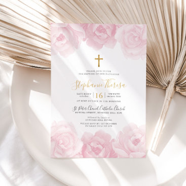 Elegant Pink Floral Gold Cross Girls Baptism Invitation