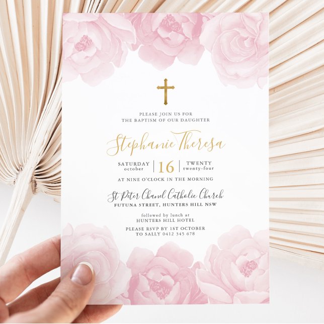 Elegant Pink Floral Gold Cross Girls Baptism Invitation