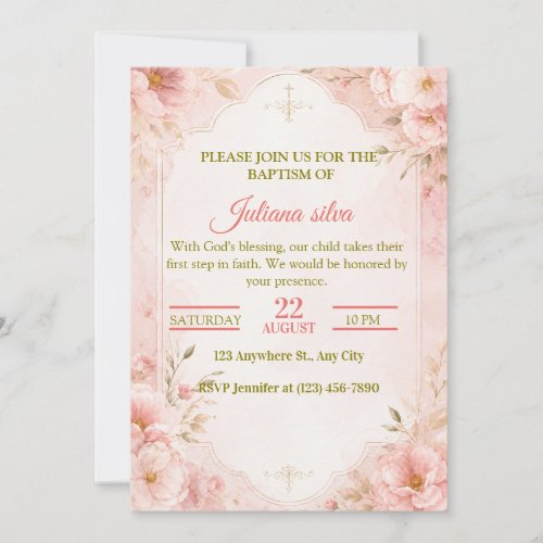 Elegant Pink Floral Gold Cross Religious Baptism Invitation