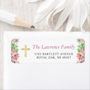 Elegant Pink Floral Gold Cross Return Address Label