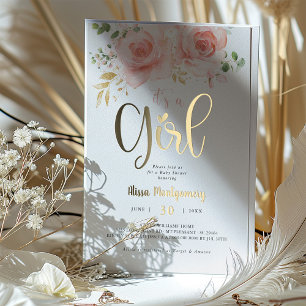 Elegant Pink Floral Gold Foil Girl Baby Shower Invitation