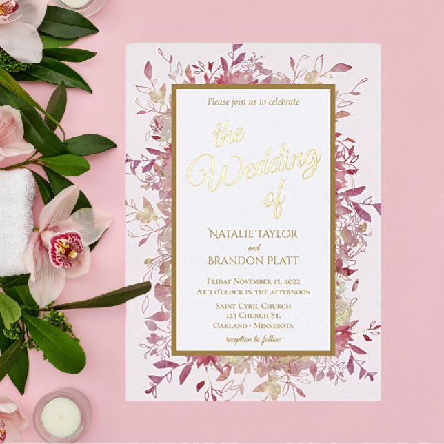 Elegant Pink Floral Gold Foil Wedding  Invitation (Creator Uploaded)