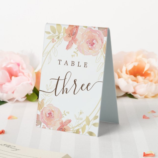 Elegant Pink Floral & Gold Foliage Wedding Number Table Tent (In SItu (Wedding))