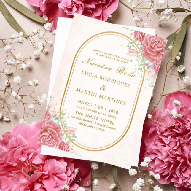 Elegant Pink Floral Gold frame Nuestra Boda Invitation (Creator Uploaded)