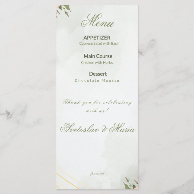 Elegant Pink Floral & Gold Geometric Wedding Menu (Front)