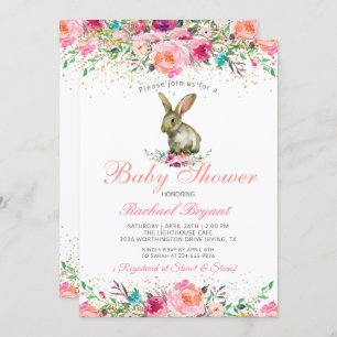 Elegant Pink Floral Gold Glitter Bunny Baby Shower Invitation