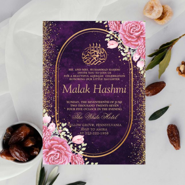 Elegant Pink Floral Gold Islamic Aqiqa Aqeeqa Baby Invitation (Creator Uploaded)